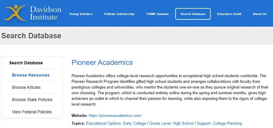 Davidson Institute Pioneer Listing screenshot