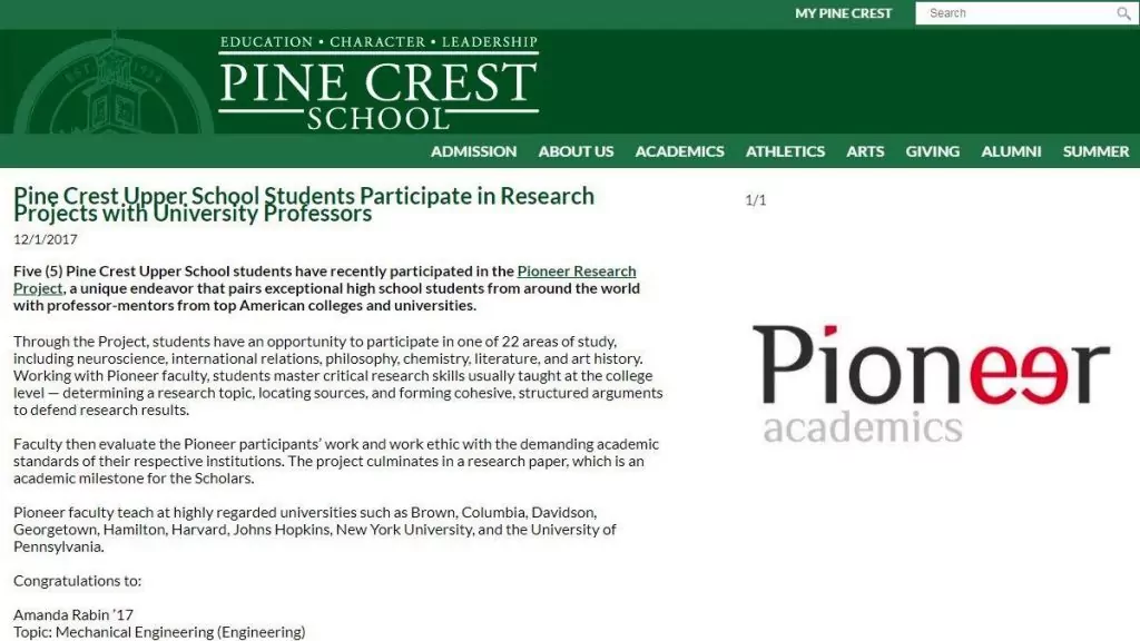 Screencap of Pine Crest School article