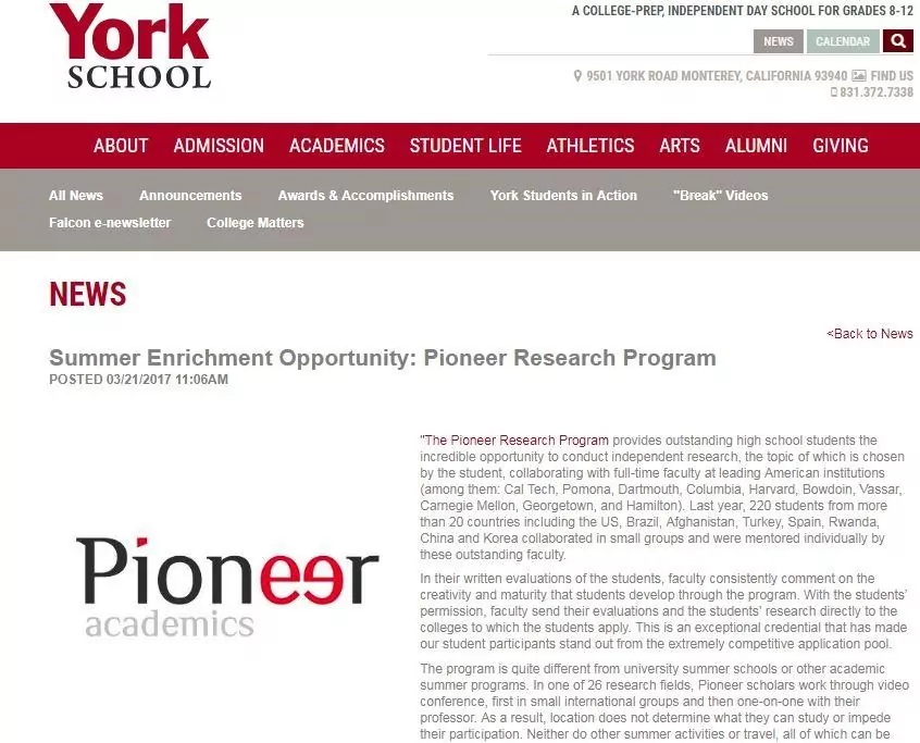 York School Pioneer listing screenshot